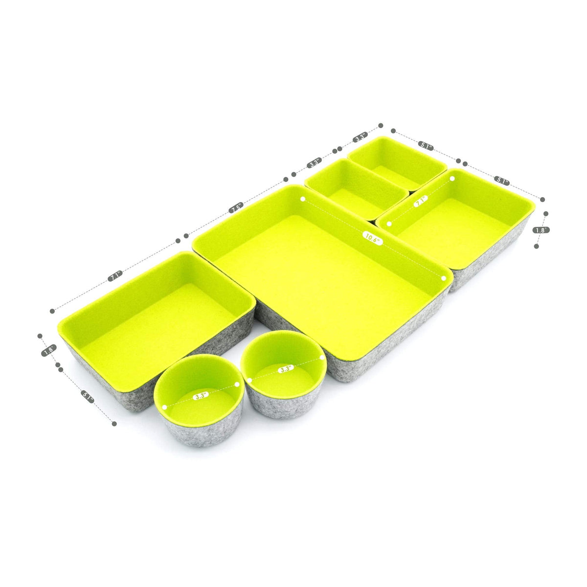 Welaxy Drawer organizer bin felt trays desk storage dividers for home office supplies Nightstand sort catchall entryway 7-piece Pack gift idea (Green)