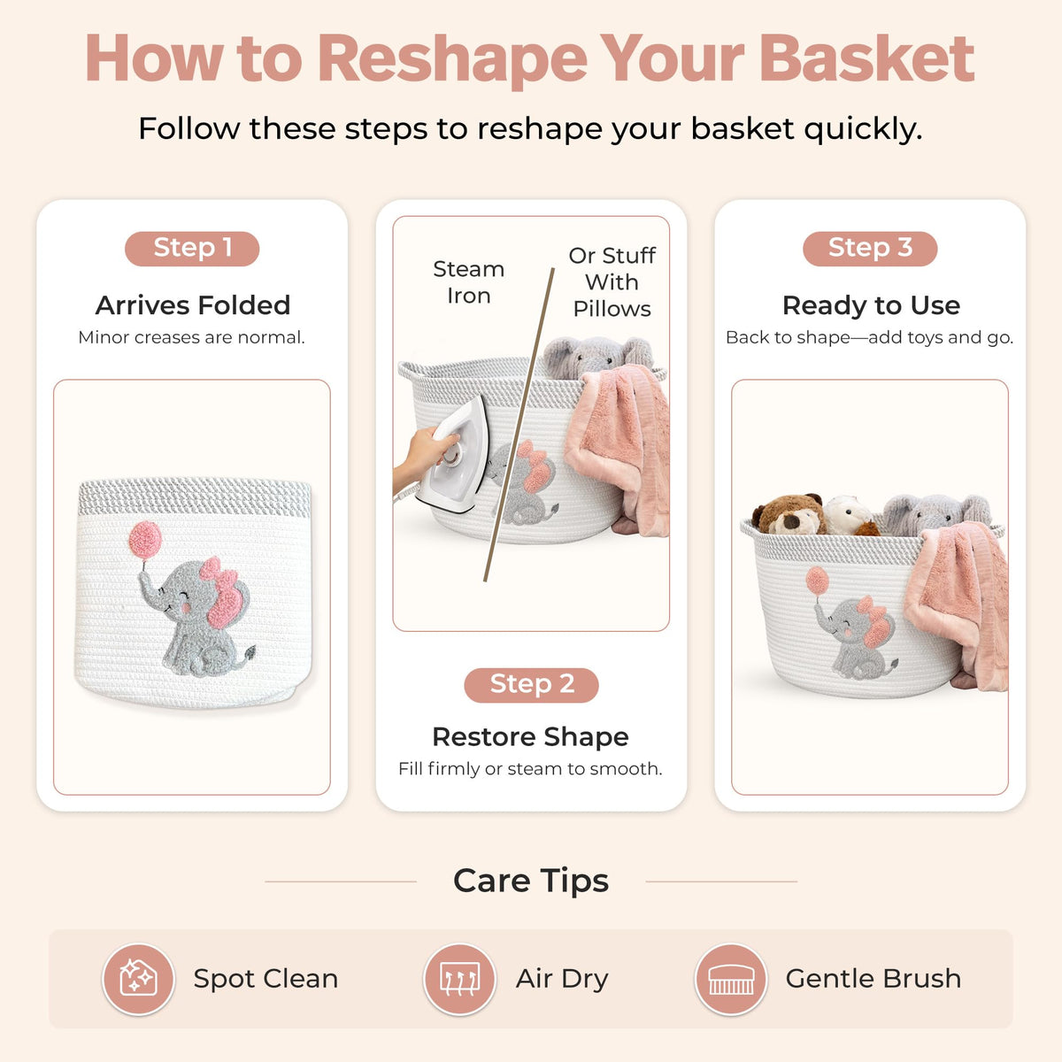 Elephant Storage Basket for Nursery – Large 15”x11” Cotton Rope Bin with Soft Felt Elephant Patch – Toy Organizer, Baby Laundry Hamper, Diaper & Towel Holder – Foldable, Washable & Baby-Safe