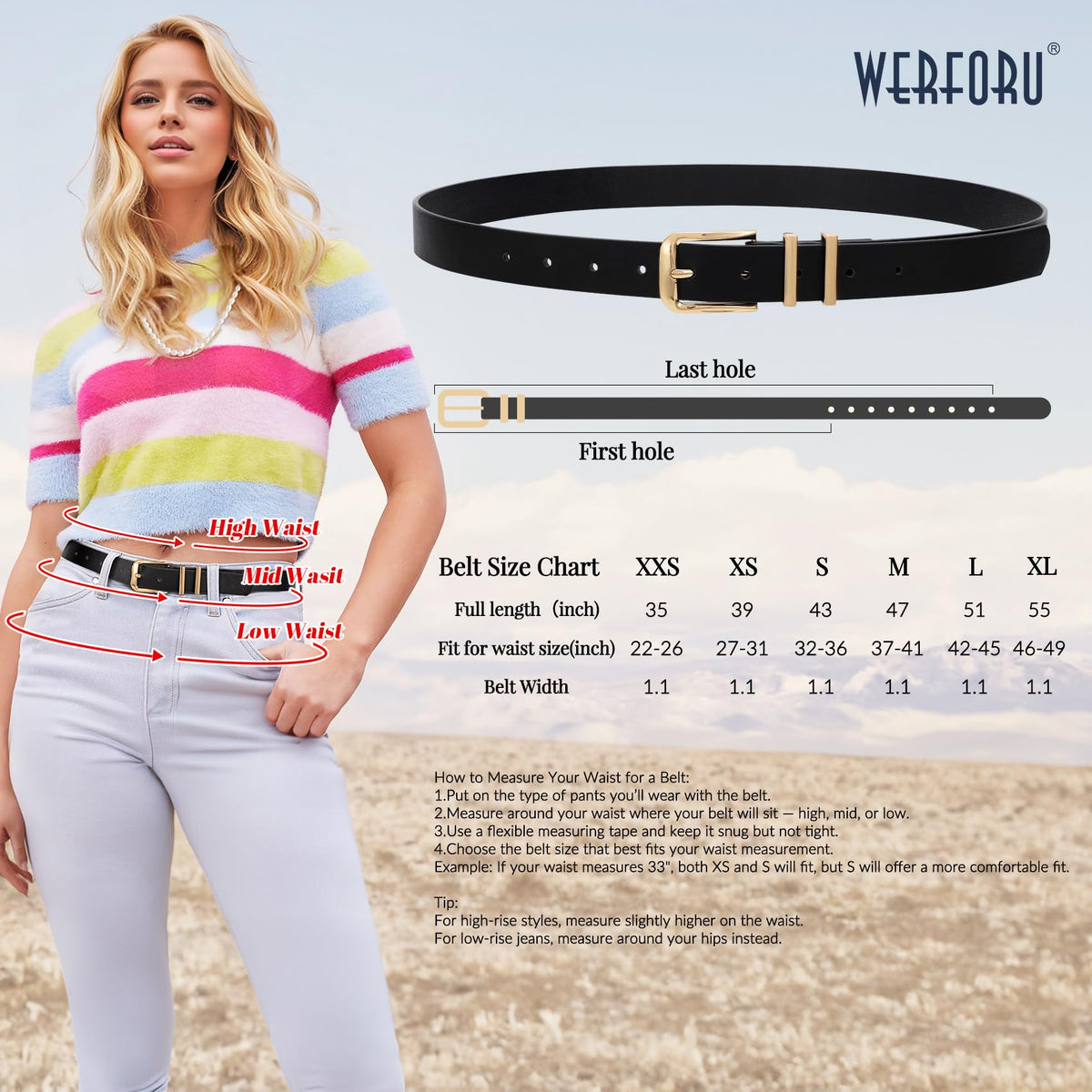 WERFORU 3 PACK Women Belt Women Fashion Leather Belts for Jeans Pants Ladies Belts with Gold Buckle,A-Black+Brown+Beige,Fit Waist Size 37-41 Inches