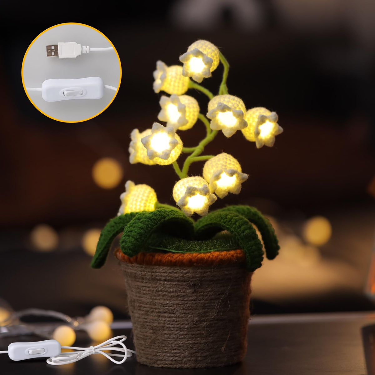 ANZRLE Lily of The Valley Lamp, White Crochet Artificial Flowers with Night Lights, Table Lamp with USB Port -Birthday Gifts for Women,Cozy Home Decor Mothers Day Gifts