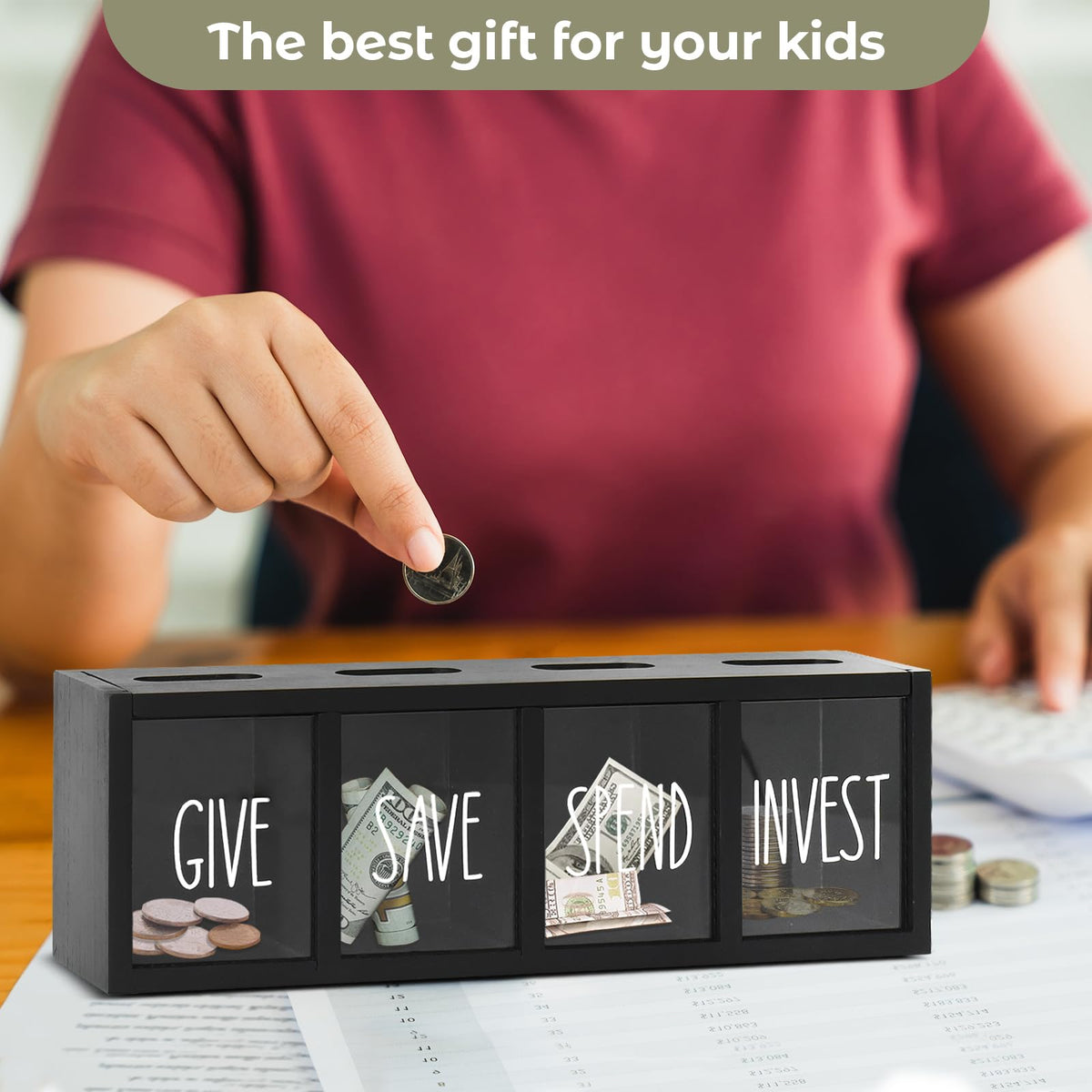 Wooden Give Save Spend Invest Money Saving Box for Kids, Countertop Kid Piggy Bank for Daily Cash, Wall-Mount Kids Banks for Bills and Coins, Visualized Piggy Bank for Living Room, Laundry Room