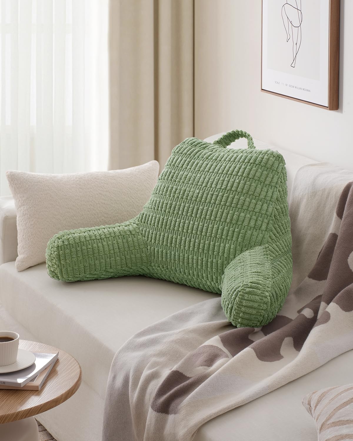 Blissful Diary Reading Pillow, Backrest Pillow with Shredded Memory Foam for Adult & Children, Designed for Bed and Couch Sitting Up, Includes Arms, Pockets and Washable Cover, Sage Green