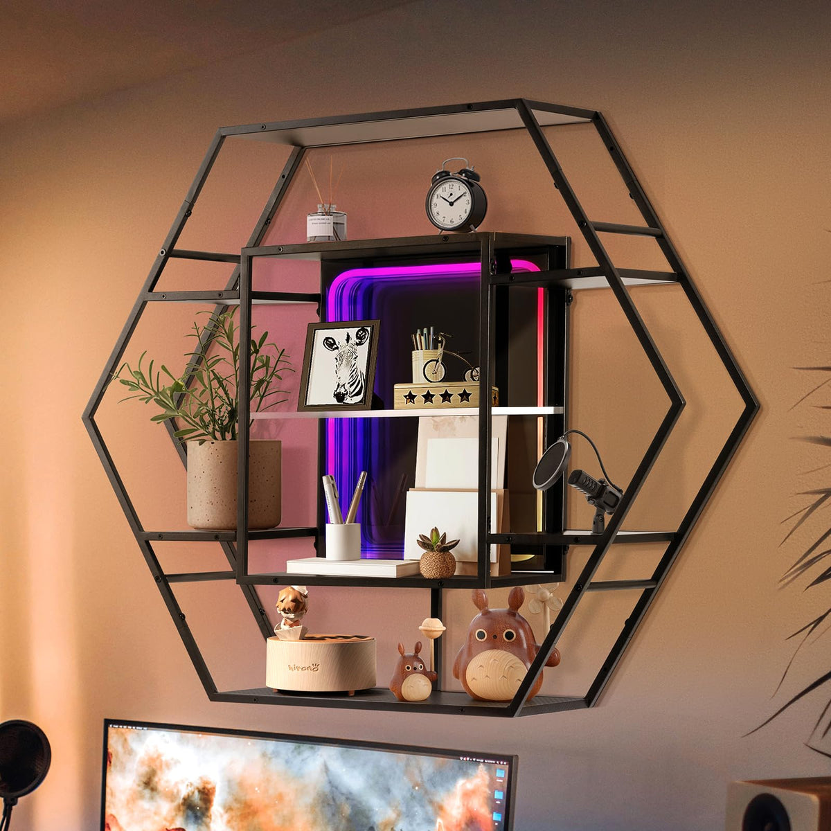 FUSLITE Infinity Mirror Gaming Floating Shelves with LED Lights, Hexagon Wall Mounted LED Shelf with RGB App Control, 36.6" Large Display Rack for Gaming Room Decor, Action Figures, Collectibles