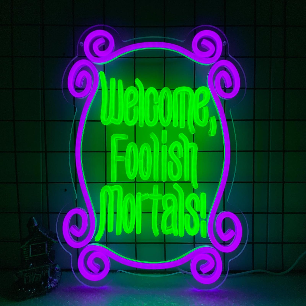 Welcome Foolish Mortals Neon Sign, Haunted Mansion Decor, Halloween Neon Signs for Wall Decor, Dimmable LED Spooky Gothic Coffin Neon Signs, Haunted Mansion Neon Sign for Halloween Party Man Cave (Green)