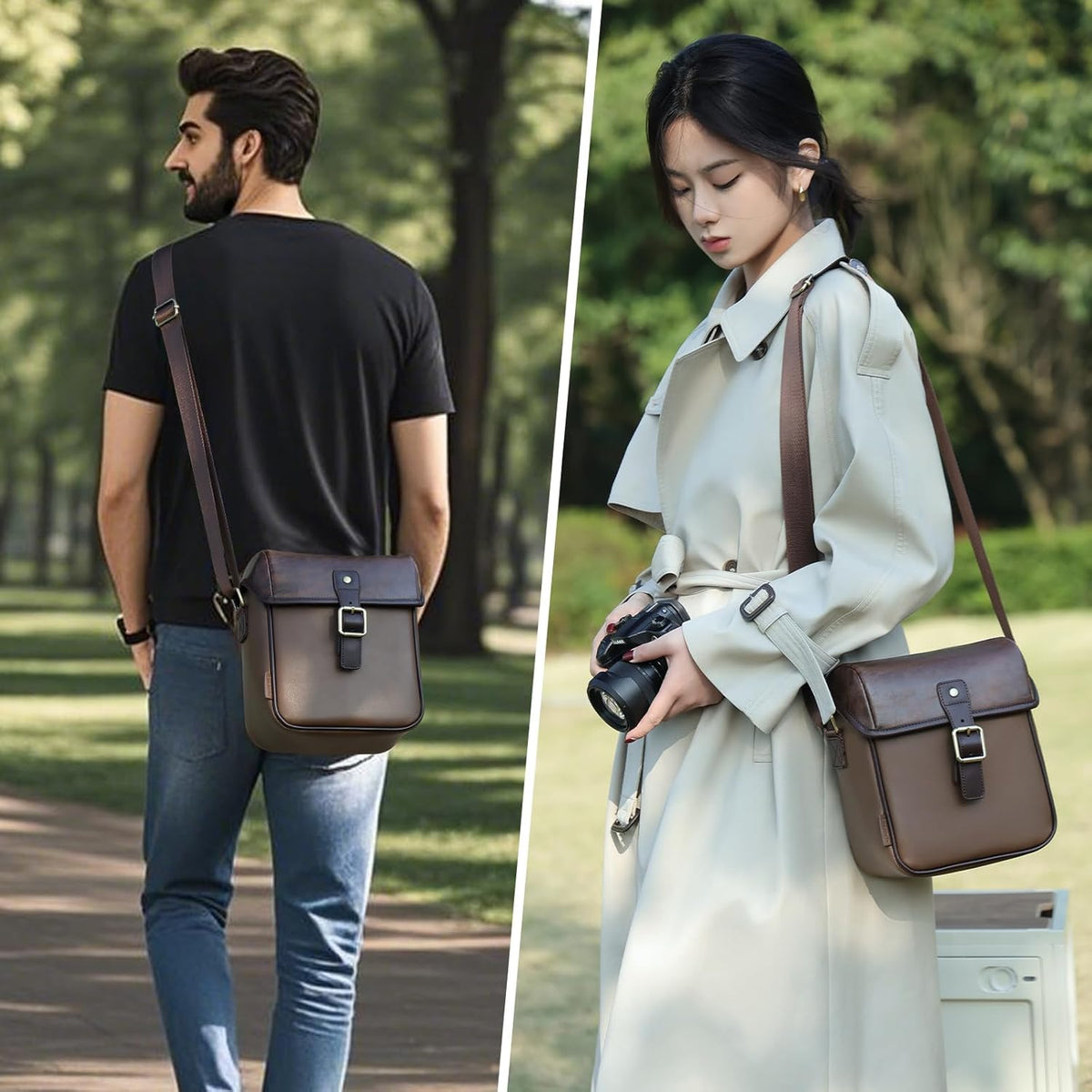 Cwatcun Camera Sling Bag PU Leather for PhotographersSmall Camera Bag Water-resistant Shockproof Case with Removable