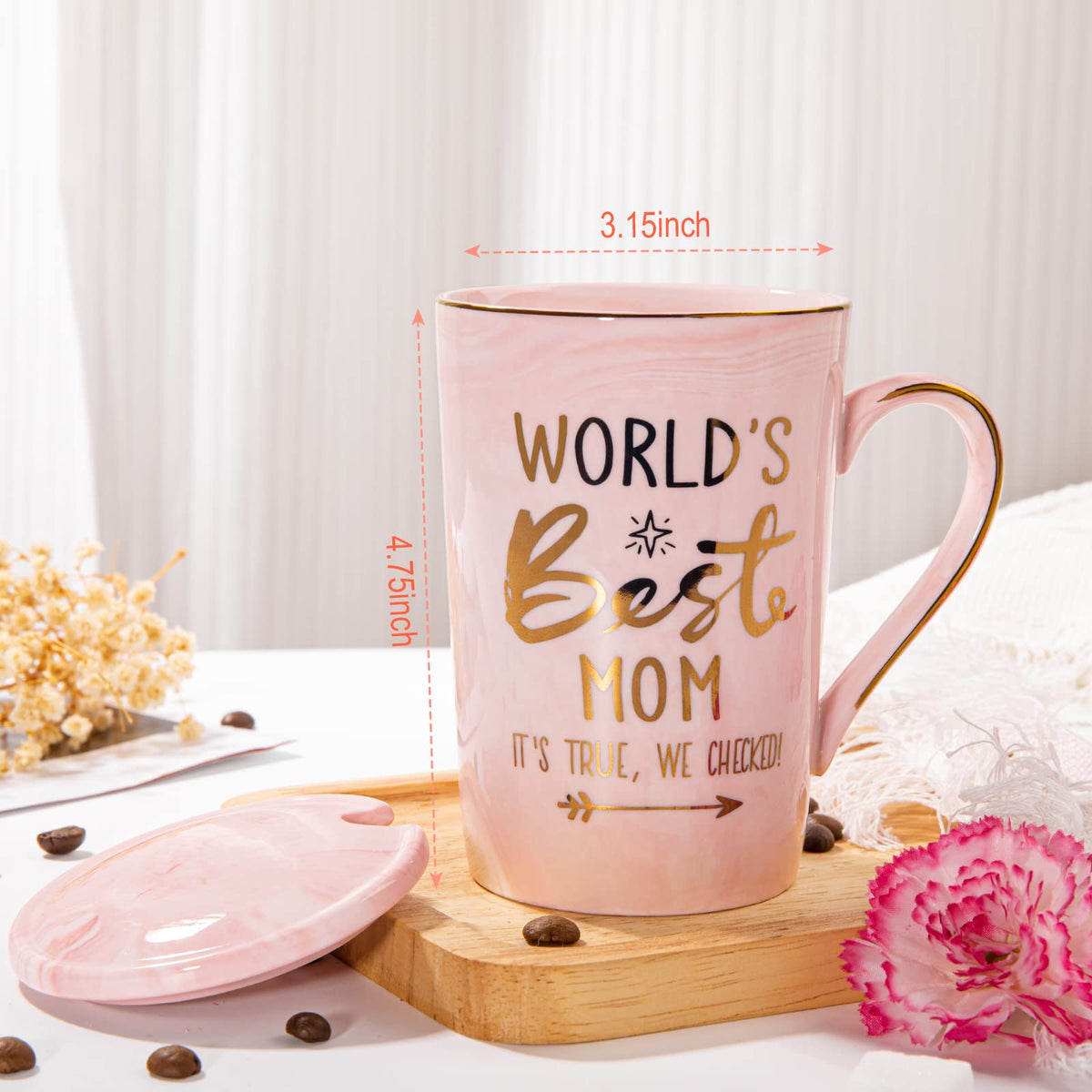 Mothers Day Birthday Gifts for Mom from Daughter Son - 14Oz Funny Best Mom Mug with Gold Print, Unique Pink Marble Coffee Cup with Lid Spoon Greeting Card, Happy Moms Gifts Idea, Luxury Gift Boxed Set