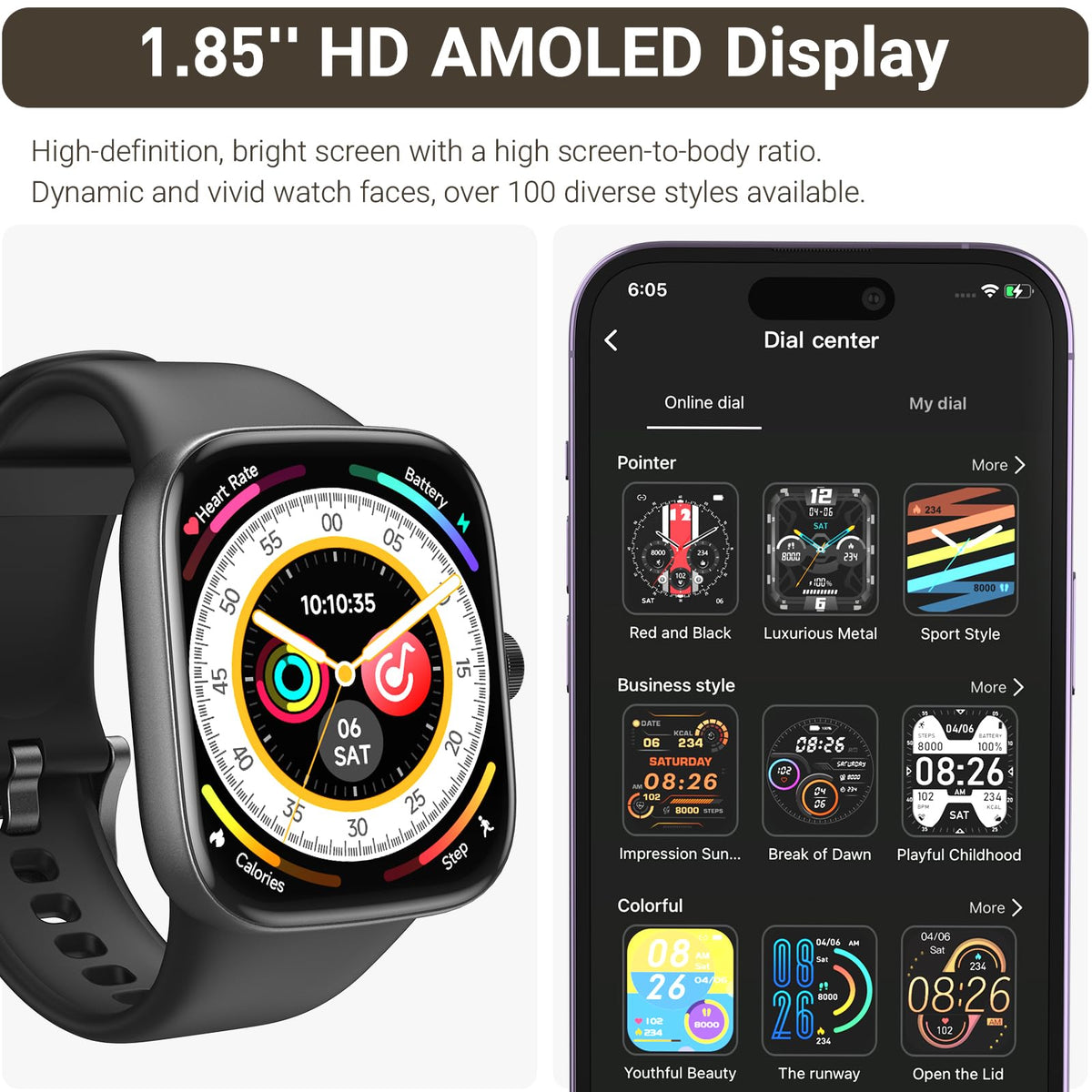 TOZO AMOLED S7 Smart Watch Bluetooth Call 1.85 Inch Ultra HD Screen, Dynamic Dials Messages Push 100+ Sports Modes, Detect Human Health Sleep Monitor with High Battery Life, Touch Function