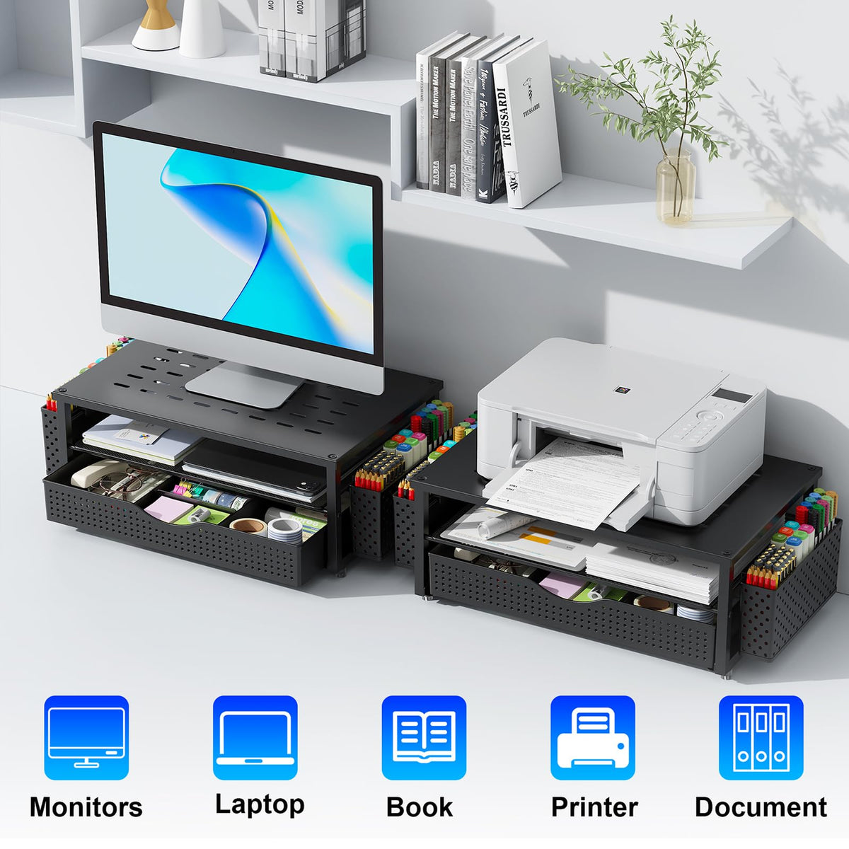 gianotter Desk Organizers and Accessories, Monitor Stand with Drawer and 2 Pen Holder, Desktop Organizer Suitable for Offices and Dormitories (Black)