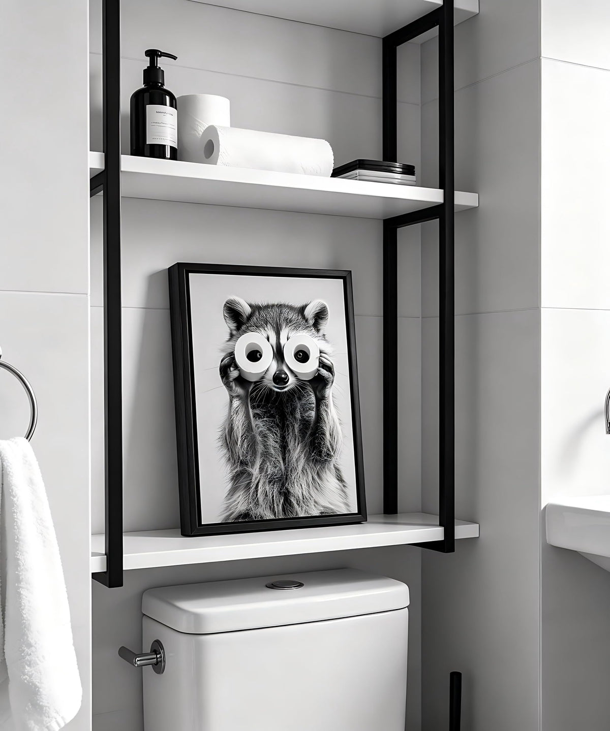 Framed Adorable Raccoon Bathroom Canvas Wall Art Toilet Paper Raccoon Wall Decor Pictures Funny Black and White Bathroom Animal Posters Prints for Restroom Home Decoration 8x10in