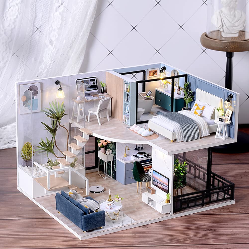 Lannso DIY Dollhouse Miniature Wooden Furniture Kit, Doll House Kit with Dust Proof Cover Music Box, Mini Handmade Wooden Dollhouse Toys for Adult Gift(L32)