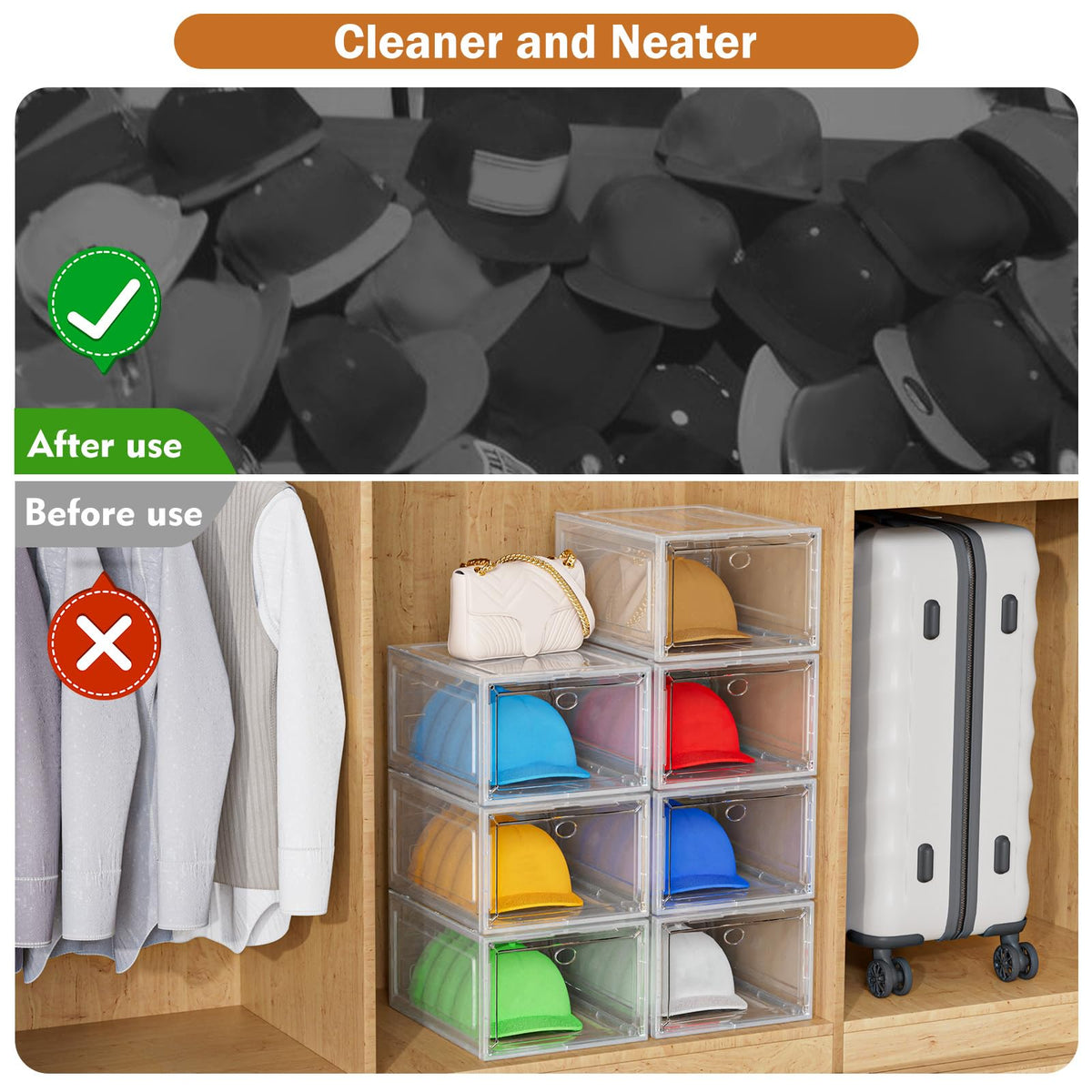 YKLSLH Hat Organizer Box, 6 Boxes for 40 Pack Hats, Upgrade Harder Solid Plastic Hat Organizer for Baseball Caps, Clear Hat Storage with Magnetic Door, Hat Rack Holder Case, White