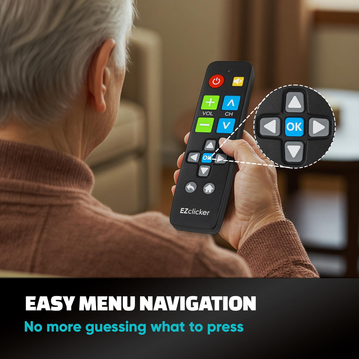 EZclicker Big Button Universal TV Remote (Black) Simple Easy to Use, Great for Seniors, Works with Major TV Brands (2xAAA Batteries Not Included)