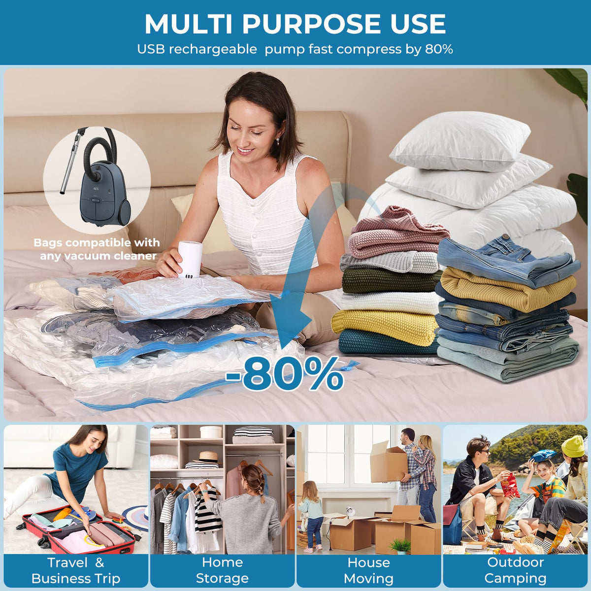 Vacuum Bags for Travel with Portable Electric Pump, 16 Pack Vacuum Seal Bags for Luggage and Suitcase Compression, Space Saver Vacuum Storage Bags for Clothes and Clothing Travel