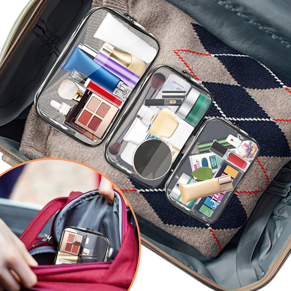 AURUZA Clear Makeup Bag,Portable Travel Toiletry Bags with Zipper, TSA Approved Clear Organizer Bags, PVC Cosmetic Pouch for Airport Airline Compliant