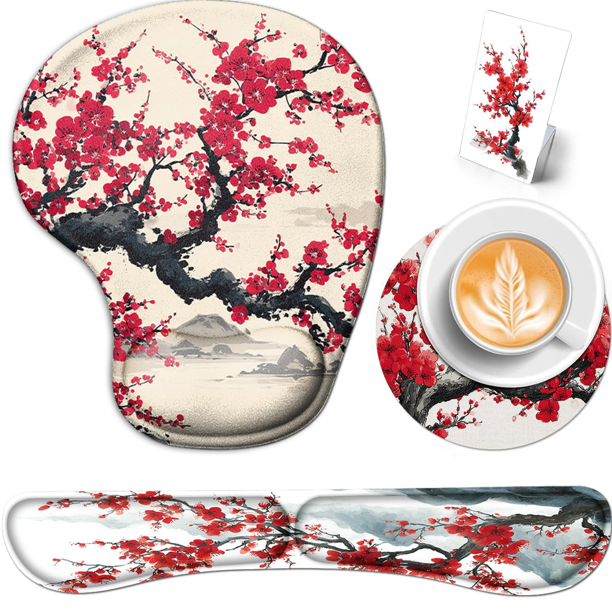 AQQA Japanese Desk Mat Set, Large Gaming Mouse Pad with Wrist Rest, Ergonomic Mouse Pad Keyboard Mat Wrist Support,Phone Holder,Cup Coaster,Home Office Desk Accessories Decor Supplies, Cherry Blossom