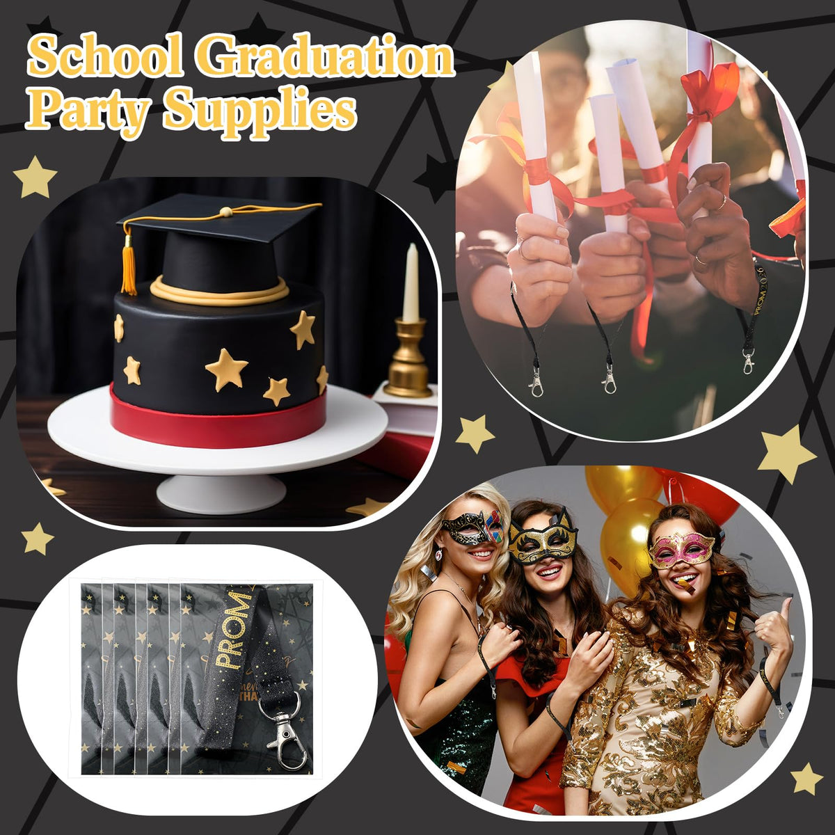 Knitgrip 24 Set Prom 2026 Graduation Party Favors Prom Lanyard Keychain Holder Class of 2026 Keychain with Cards Bags for College (Black)