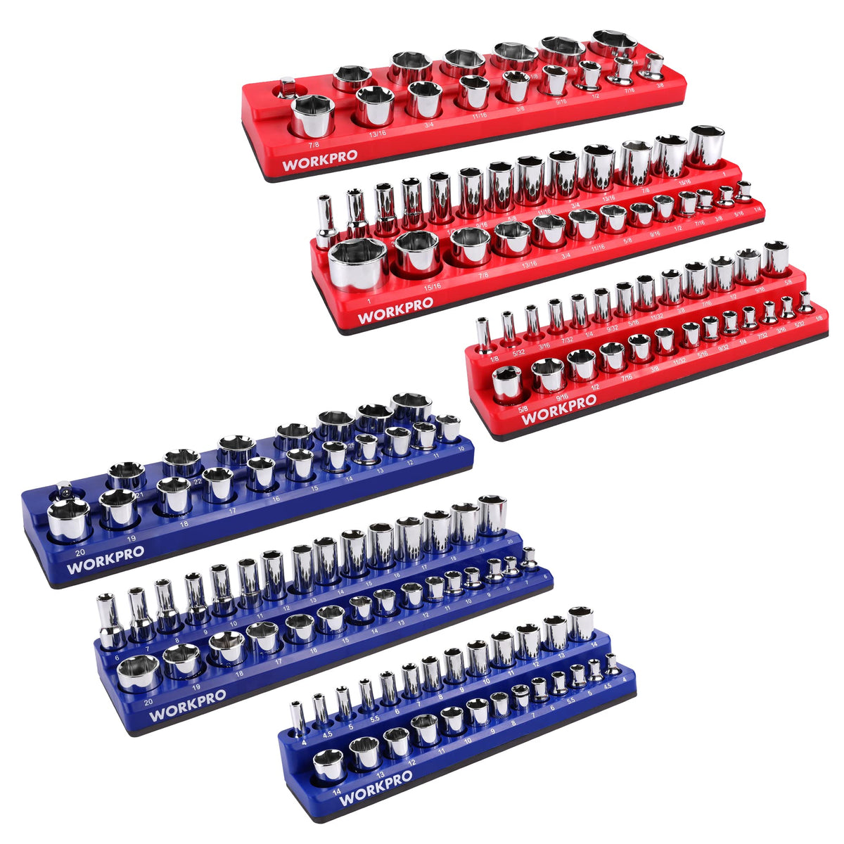 WORKPRO Magnetic Socket Organizer Set, 6-Piece Socket Holder Set Includes 1/4", 3/8", 1/2" Drive Metric SAE Socket Trays, Holds 143 Pieces Sockets, Christmas Gift for Men(Socket not Included)