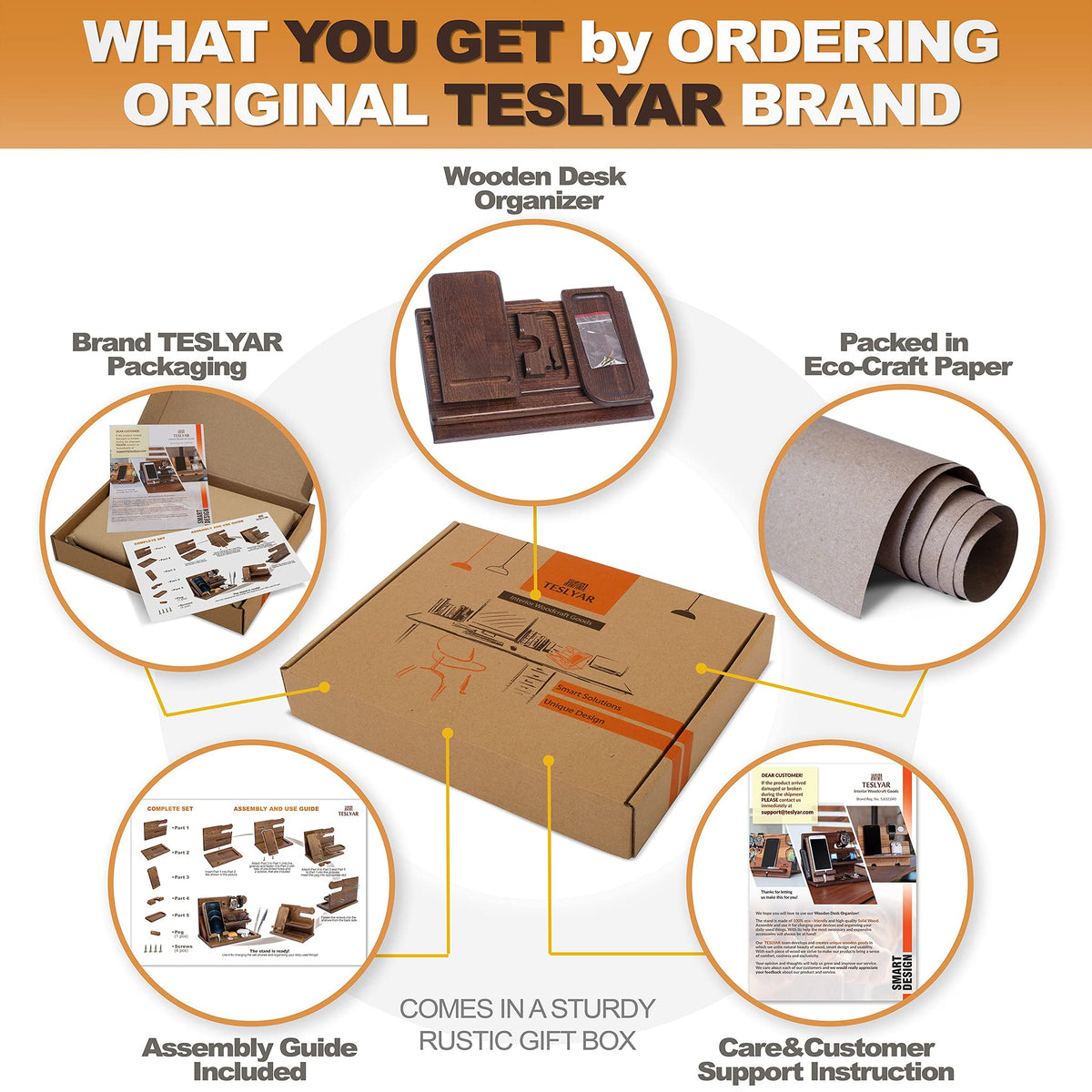 TESLYAR Wood Phone Docking Station for Men - Desk or Nightstand Organizer - Birthday Gifts for Husband, Dad - Anniversary Idea from Wife - Key Holder, Stand Wallet, Watch & Essentials (Bourbon Brown)