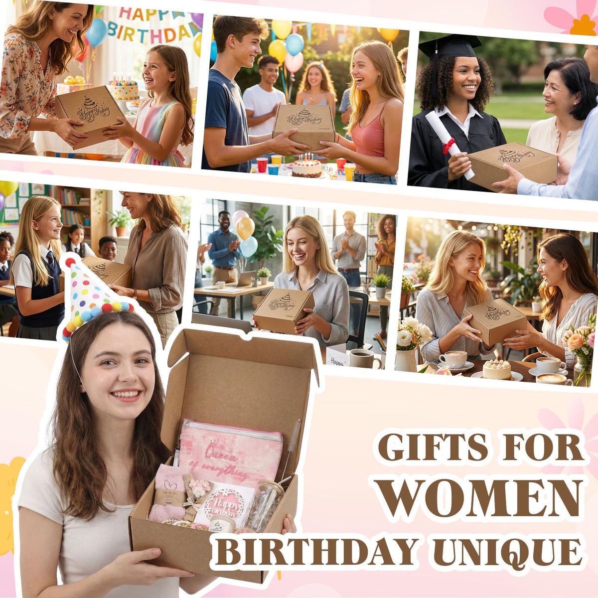 MUGIQUE Birthday Gifts for Women, Birthday Gift Basket with Glass Cup, Happy Birthday Gift Box for Women Teen Girl, Gifts for Sister Daughter Best Friend, Self Care Gift Set,Pink Floral