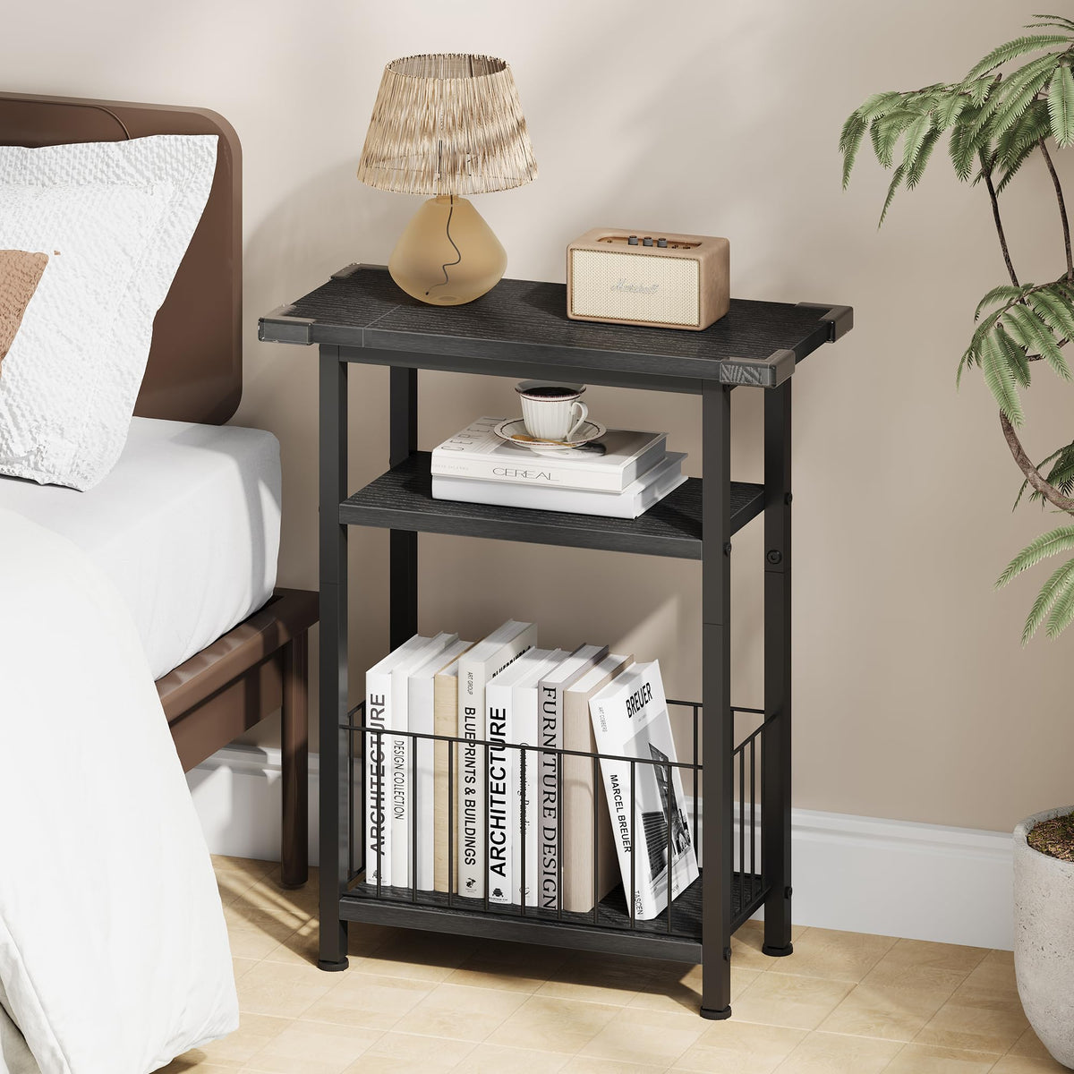 Heybly Small Narrow Side Table for Small Space, Thin Bedside Table with Storage Basket, Skinny End Table, 25.2" Tall Nightstand, Couch Table for Living Room, Bedroom, Study, Kitchen, Black, HET004BK1