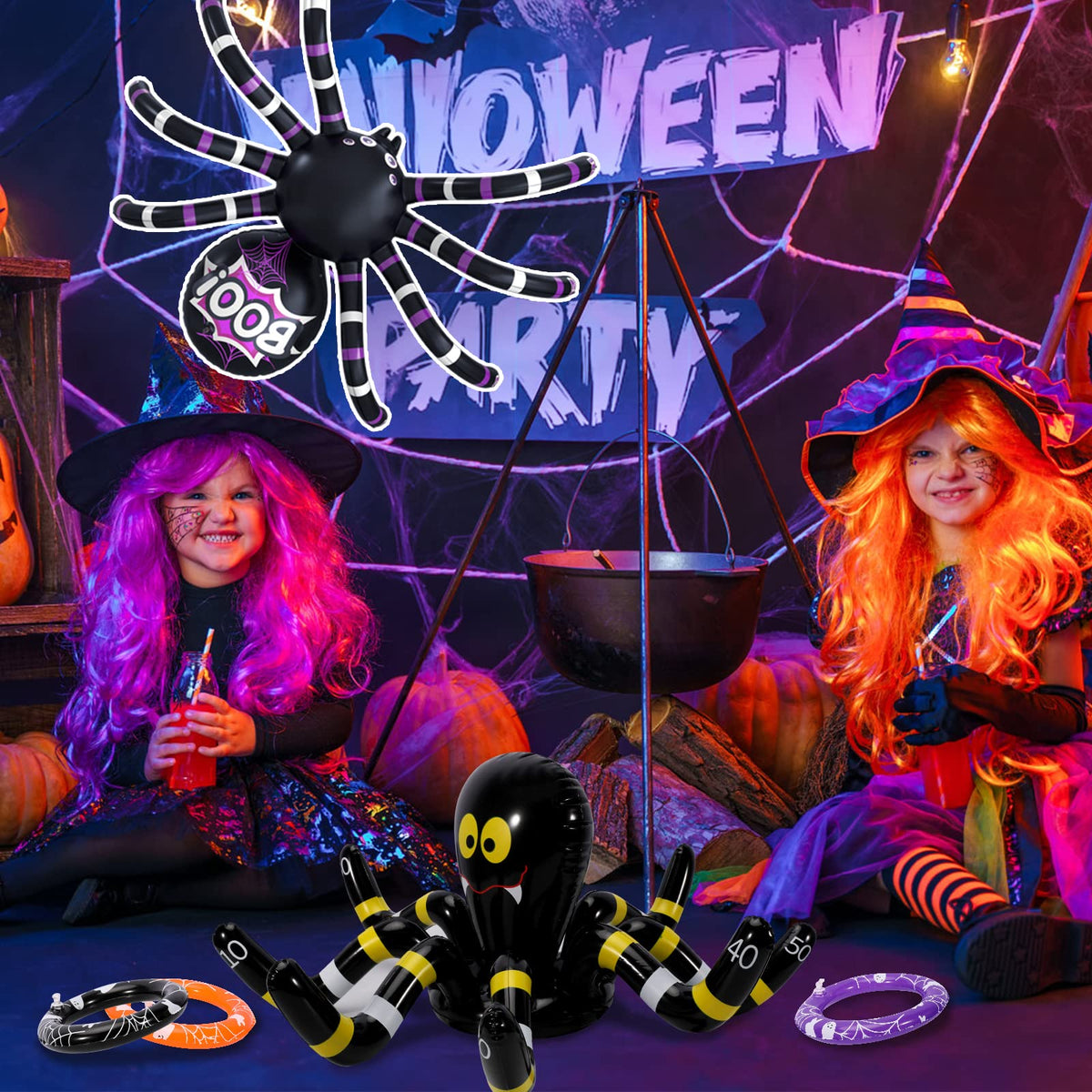 Max Fun Halloween Ring Toss Games for Kids, 2 Pack Inflatable Spiders Set Halloween Party Favor Supplies Holiday Carnival School Decoration Outdoor Indoor Spooky Creepy Game