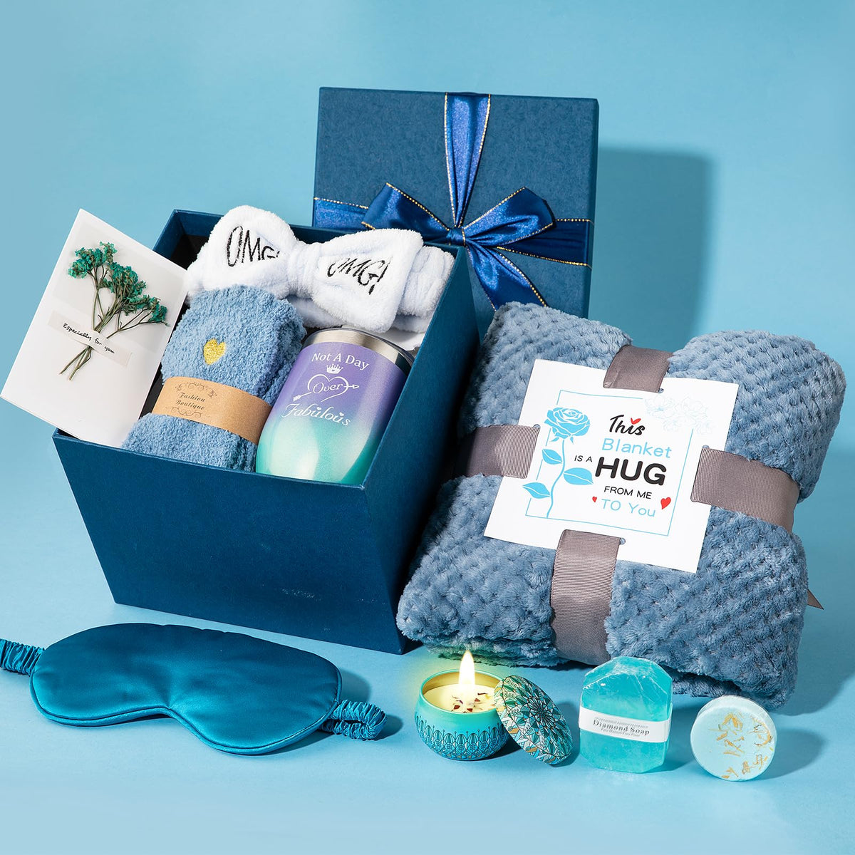 Gifts Basket for Women,Birthday Gifts for Women Birthday Presents Friendship Gifts Get Well Soon Gifts Self Care Package Gifts Blue Gift Box Relaxing Set Unique Gifts with Blanket for Mom,Wife,Sister