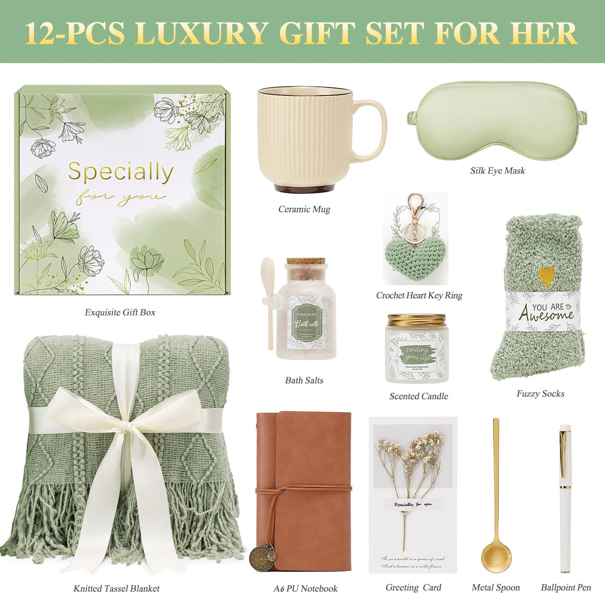 CuriBox Mothers Day Get Well Gifts for Women Self Care Gift Basket - Birthday Gifts for Women Spa Care Package - Sympathy Inspirational Easter Day Gift Baskets for Her Mom Friend Wife (Sage Green)