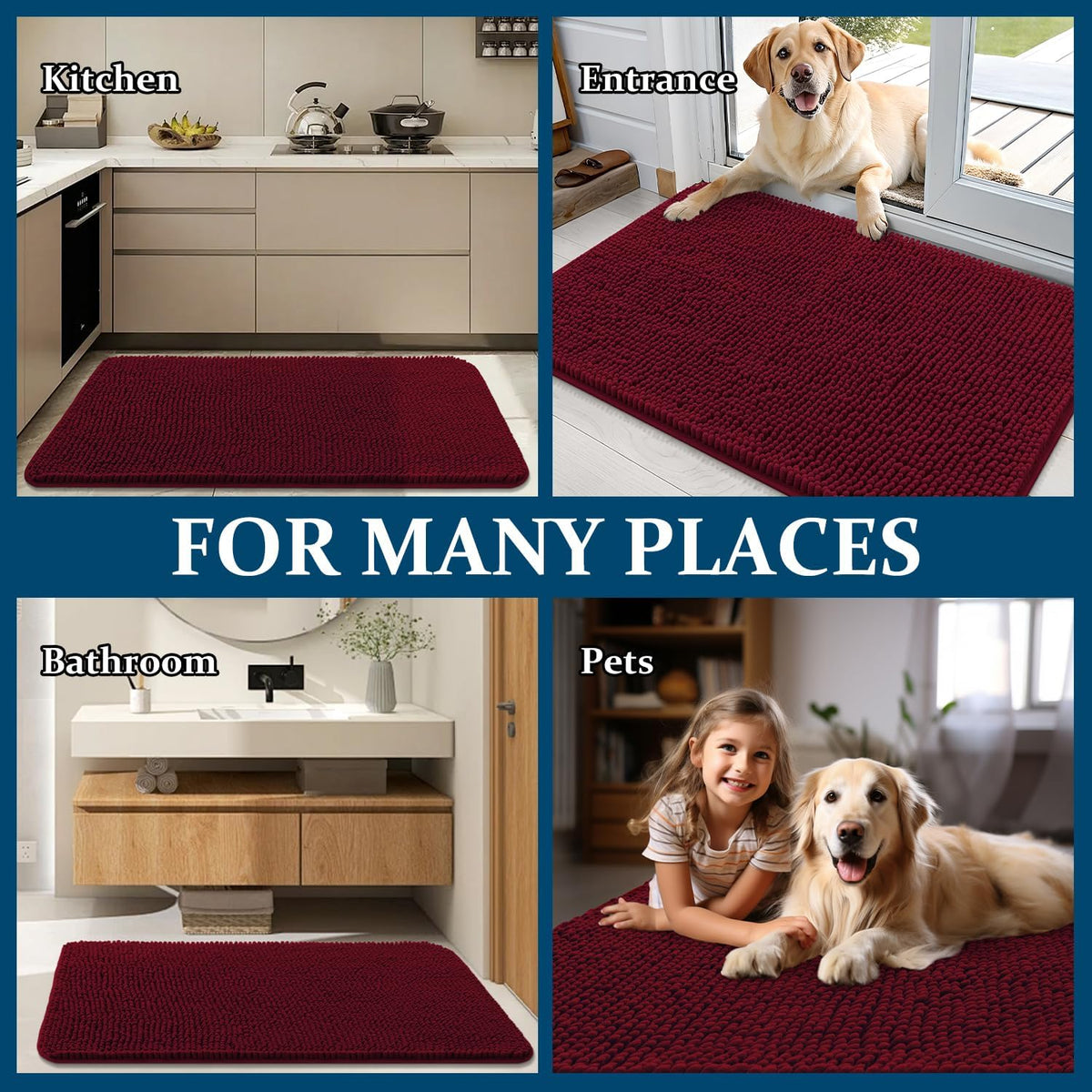 OLANLY Dog Door Mat - Absorbent Non-Slip Chenille for Muddy Paws | 40x32, Quick Dry, Burgundy