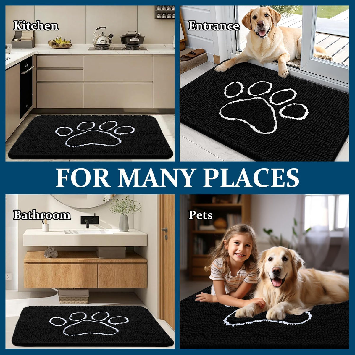 OLANLY Dog Door Mat - Absorbent Non-Slip Mud Mat for Paws | 54x32 Black Chenille Design