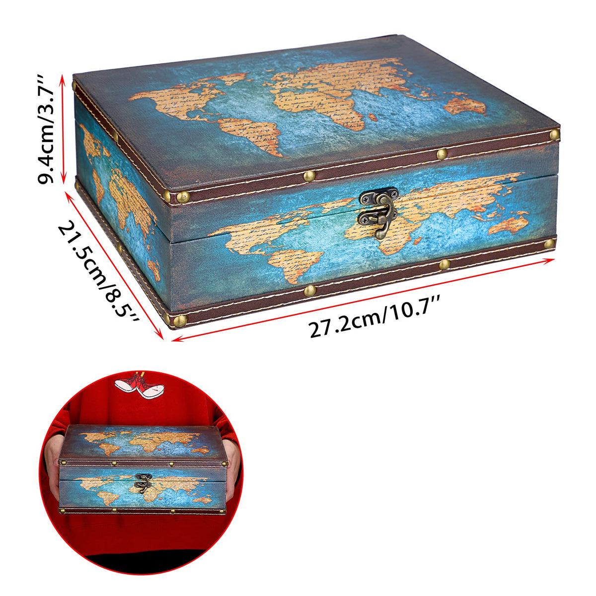 ELLDOO Decorative Treasure Chest Box, Wooden + PU Leather Storage Box for Jewelry Trinkets Photos, Rectangular Keepsakes box for Girls Women Gifts, Green Map Pattern