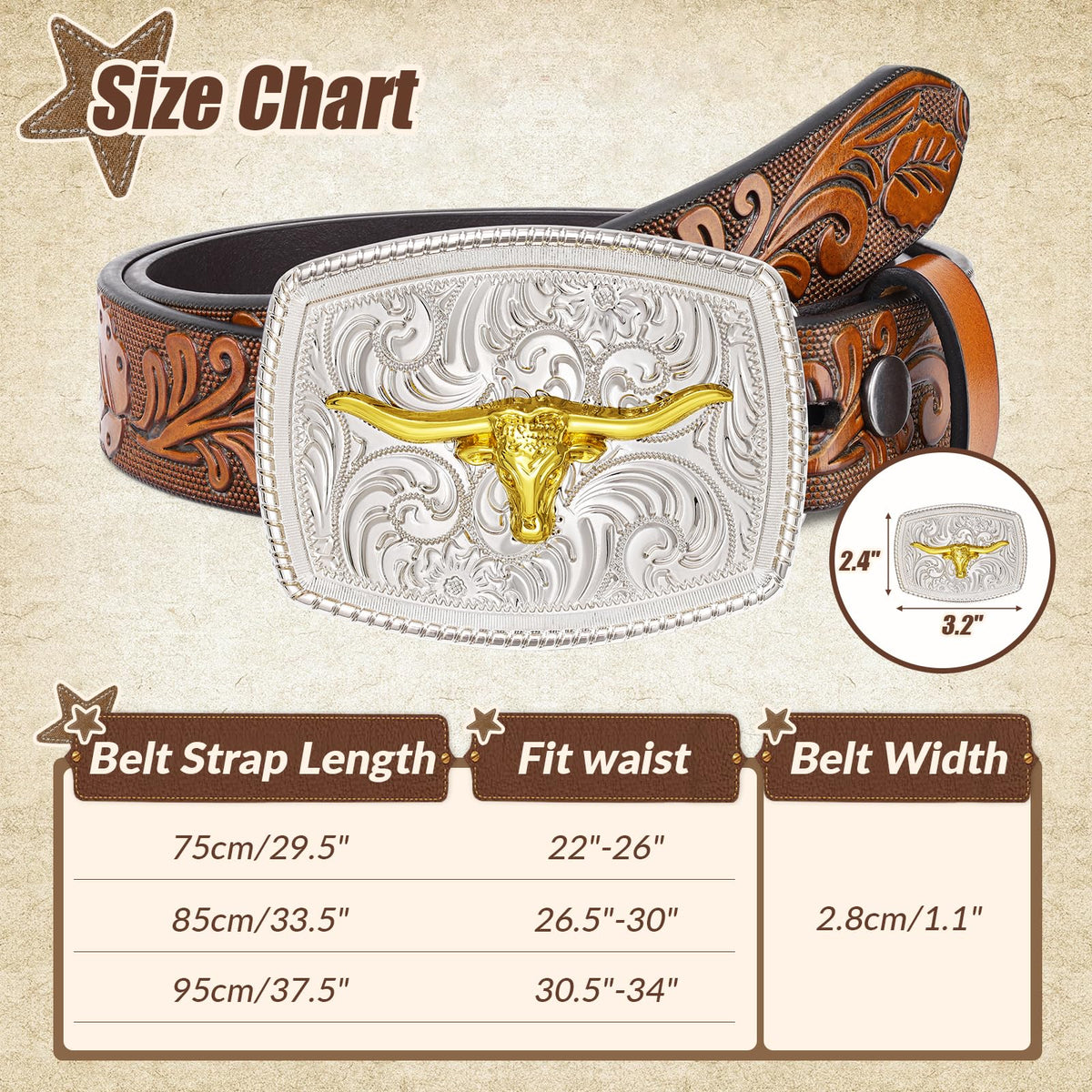JKEEMI Kids Western Belt, Boys Girls Cowboy Belt for Kids with Detachable Square Buckle and Genuine Leather for Jeans Gifts
