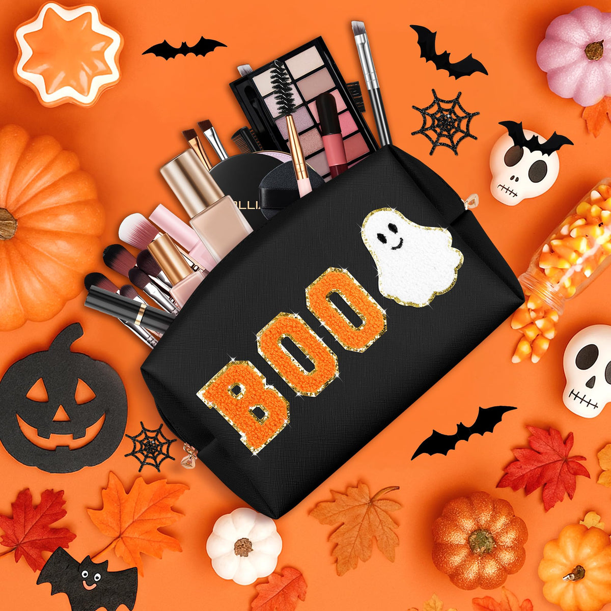 Dripkiaa Halloween Makeup Bag Chenille Patch Travel Cosmetic Bag Organizer Large Capacity Toiletry Bag Make Up Bags Cosmetic Pouch, Boo Basket Gifts for Women, Girls - Black