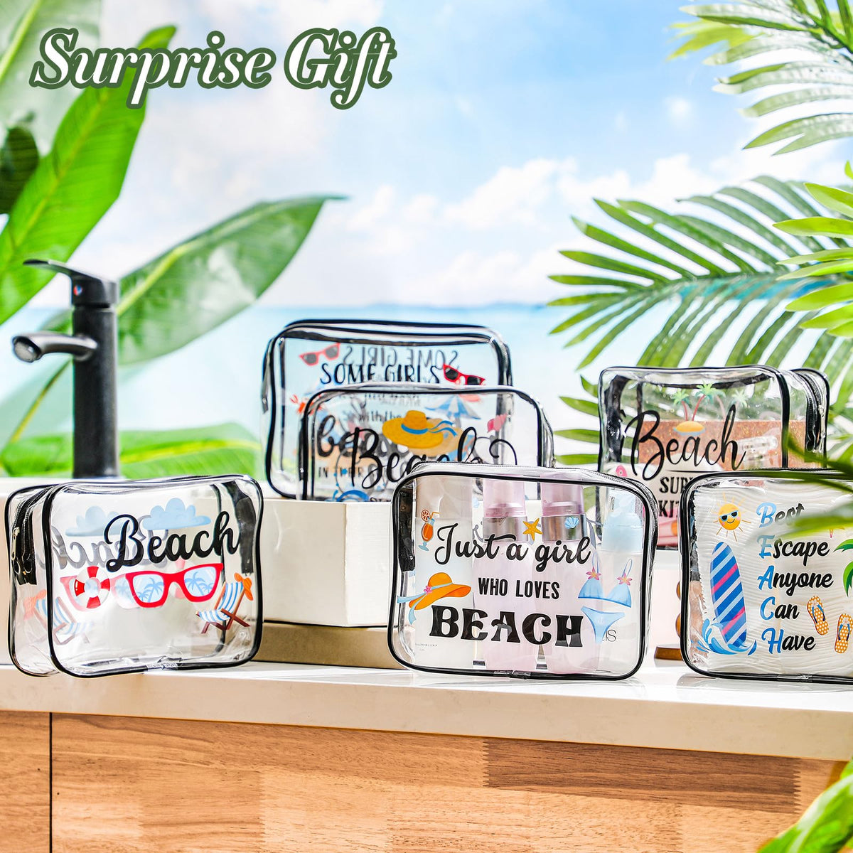 Cunno Makeup Bags Gifts for Women Teacher Beach Cruise Swim Nurse Dance Happy Graduation Gift Survival Kit Clear Cosmetic Bags PVC Waterproof Travel Toiletry Handbags Purses Organizer(Beach Style)