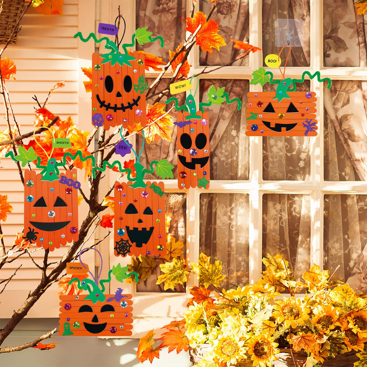 Winlyn 24 Sets Fall Crafts Kits Halloween Crafts Individual Fall Kids Crafts DIY Pumpkin Fall Decorations Craft Sticks Pumpkin Foam Stickers Arts and Crafts for Kids Classroom Activities Party Favors