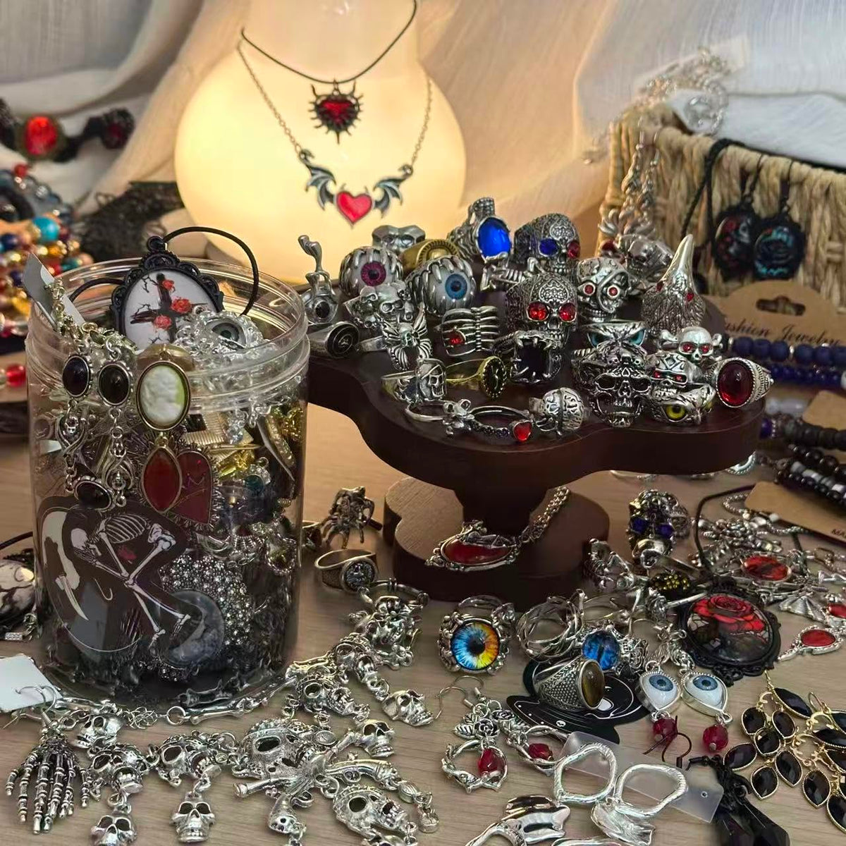 MINGRI Mystery Jewelry Jar,Gothic Jewelry Box for Women, Spooky Season Accessories Gift Set(30PCS Gothic Witch Punk Necklace,Earrings, Rings,Bracelets/Bangles),Unique Birthday & Party Favor for Her