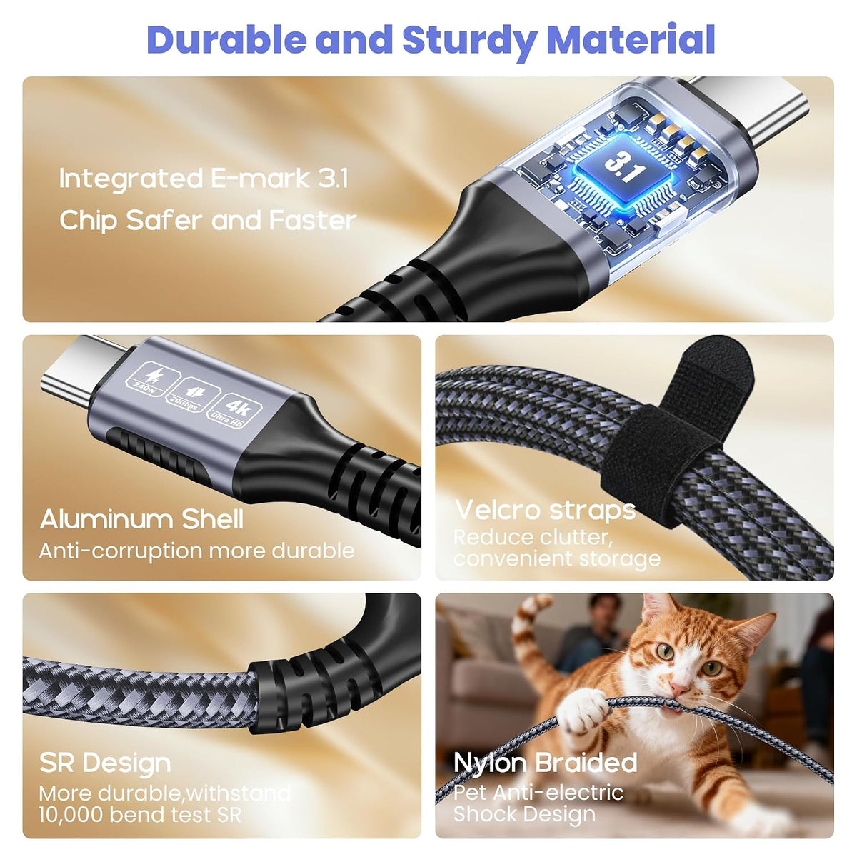 Arkidyn 20ft, 240W 20Gbps 4K@60Hz 17/16/15, USB C to USB C Cable PD Fast Charging, Data Transfer, Video Cable, Durable