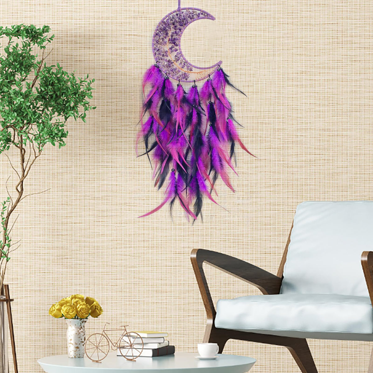 RAGKUU Purple and Black Moon Dream Catcher Wall Decor Crystal Tree of Life Dream Catchers Handmade Feather Dreamcatcher Wall Hanging Ornament for Bedroom Living Room Home Decor