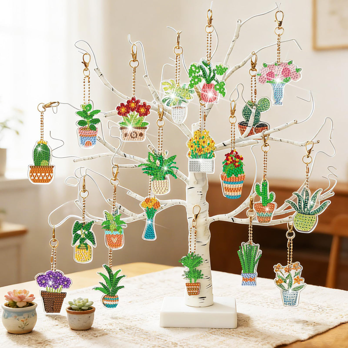 Huquary 60 Pcs Diamond Art Keychains Potted Plants Diamond Painting Keychain Kits for Adults Double Sided 5d Rhinestones Spring Hanging Key Chains Ornaments for Beginners DIY Crafts Party