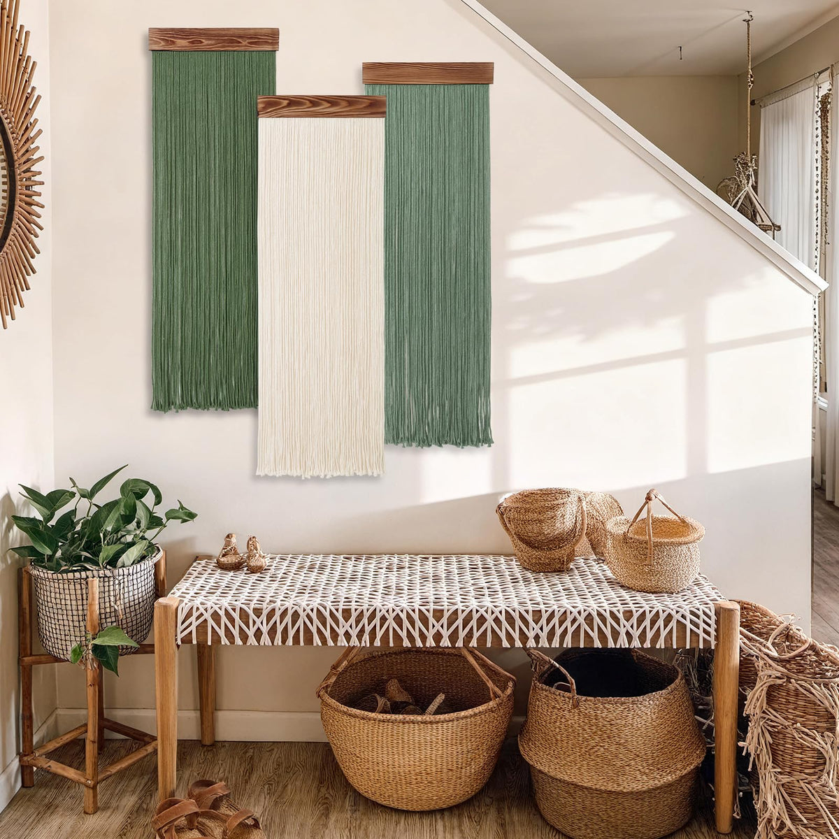 KHOYIME Macrame Wall Hanging Boho Chic Home Decor, 3PCS Bohemian Green Beige Tassel Yarn Tapestry Modern Handmade Large Wall Art Decorations for Living Room Bedroom Nursery Backdrop 11.8''W x 36''L
