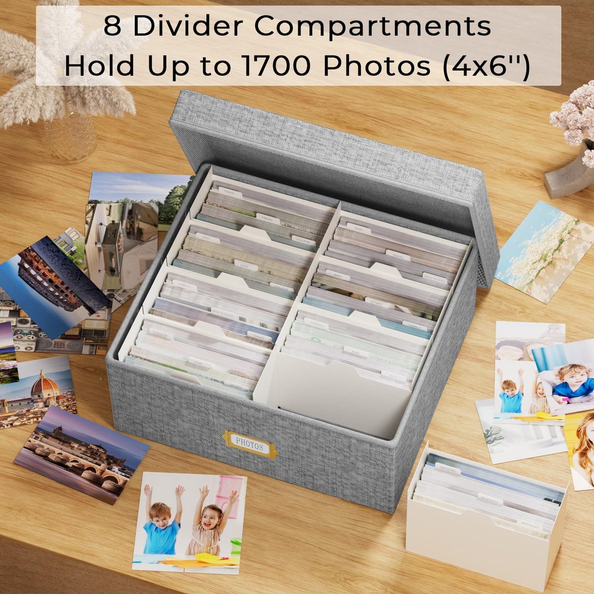 Decorative Photo Storage Box - Linen Photo Box Organizer with Dividers, Fits Holds Up to 1700 Pictures and 4x6 Photos, Memory Keepsake Organizer for Photos, Scrapbook Supplies, Cards, Stamps (Grey)