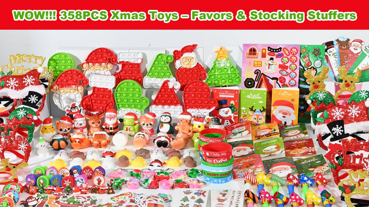 358PCS Christmas Party Favors Supplies Decoration, Goodie Bag Pinata Stocking Stuffers Bulk, Treasure Box Toy for Classroom Rewards, Advent Calendar Stuff Filler, Carnival Prizes, Xmas Birthday Gifts