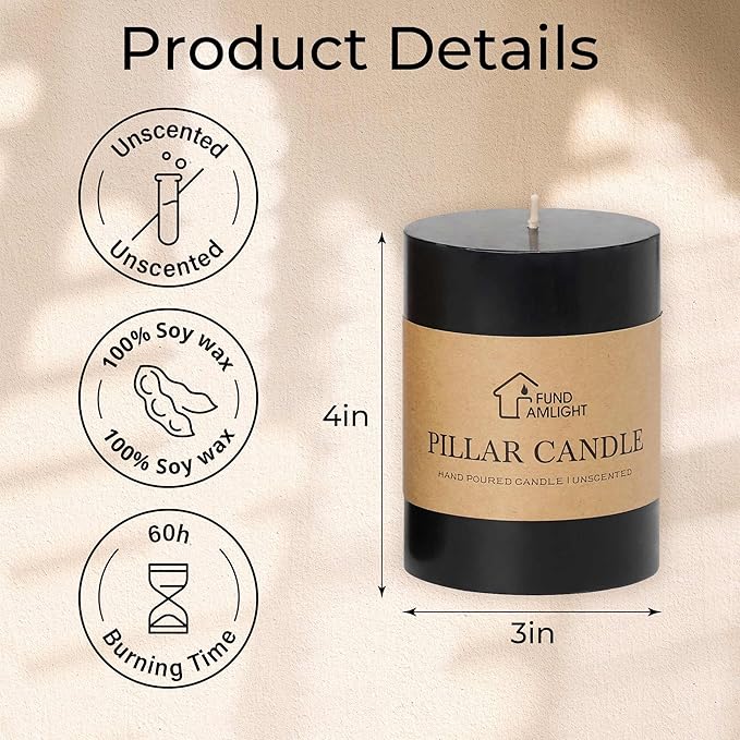 3x4 Inch Black Pillar Candles Set of 3 - Decorative Unscented Pillar Candles, Long Burning Dripless Candle for Home Decor, Smokeless Large Pillar Candle for Wedding, Dinner, Christmas, Halloween Decor