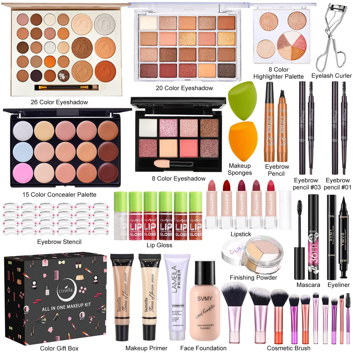 All in One Makeup Kit for Women Full Kit, Make Up Gift Set, Makeup Essential Bundle Includes Foundation Eyeshadow Palette Concealer Lipstick Eyeliner Eyebrow Stencils Mascara Cosmetic Brush Set