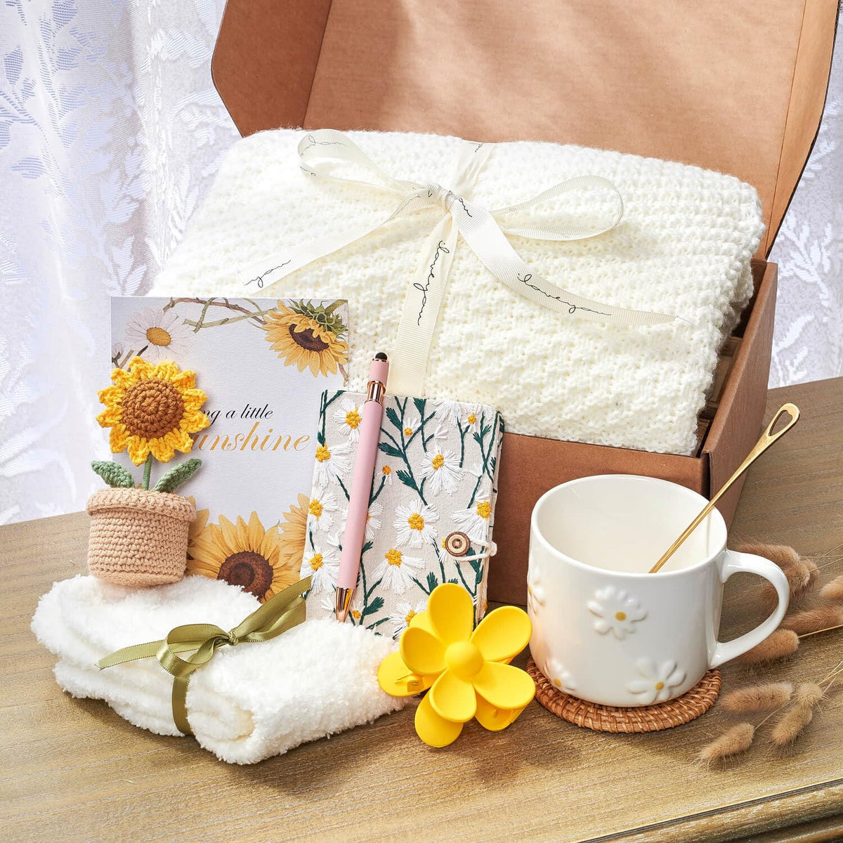 GivLovely Thinking of You Gifts for Women & Cozy Self Care Gift Box | Get Well, Birthday | Sunflower Themed Care Package | A Sending Sunshine Hug in a Box