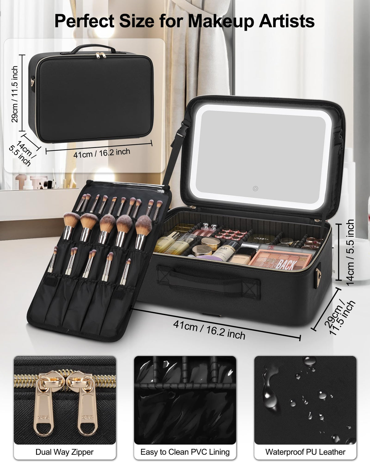 Relavel Travel Makeup Bag With LED Mirror, 16.2" Large Makeup Train Case, 3 Color Scenarios Adjustable Brightness, Waterproof Makeup Train Case Organizer with DIY Dividers for Makeup Artist, Black