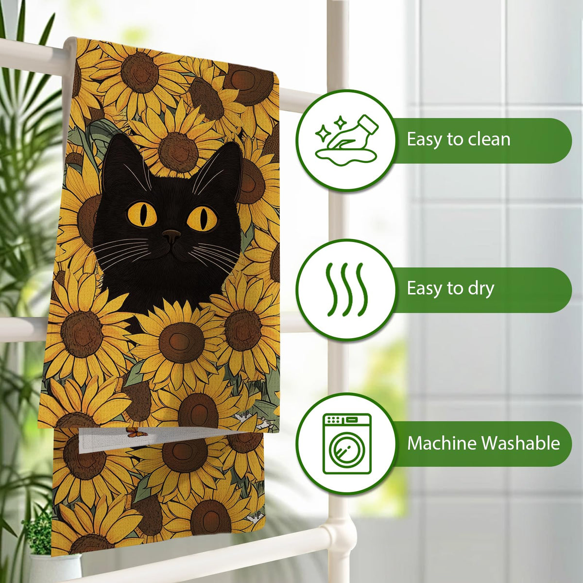 PIUFAM Black Cat Kitchen Towels, Cat Lover Gifts for Women, Floral Hand Towels for Bathroom, Decorations for Home Birthday Party, Waffle Dish Towels Gifts for Christmas Thanksgiving 26x17in, 2 Pack