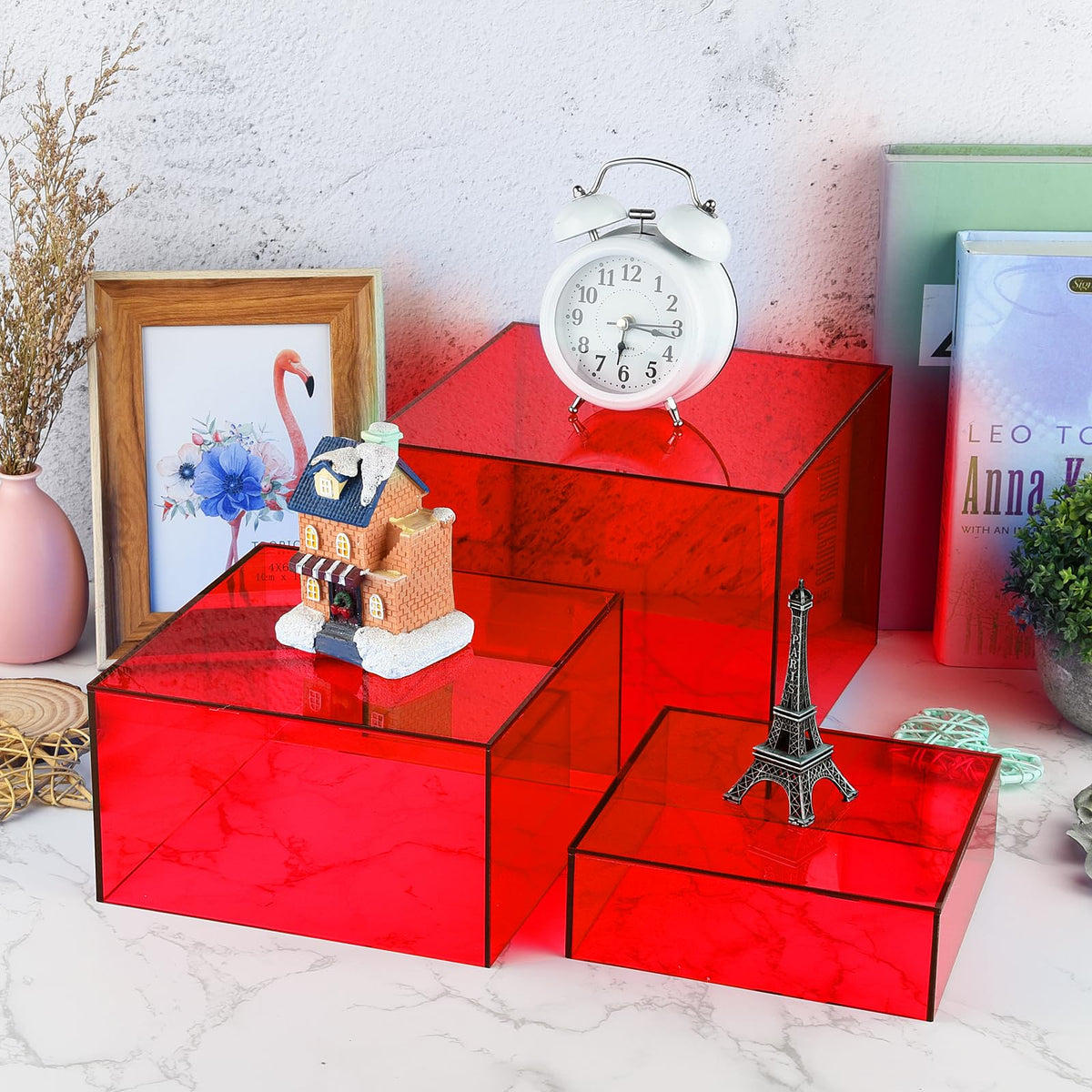 Bouiexye 3Pcs Red Buffet Risers Acrylic Boxes Display Food Risers for Buffet Table Platter Parties Weddings Catering Dessert Collectibles Figures Show (6''x7''x8'')