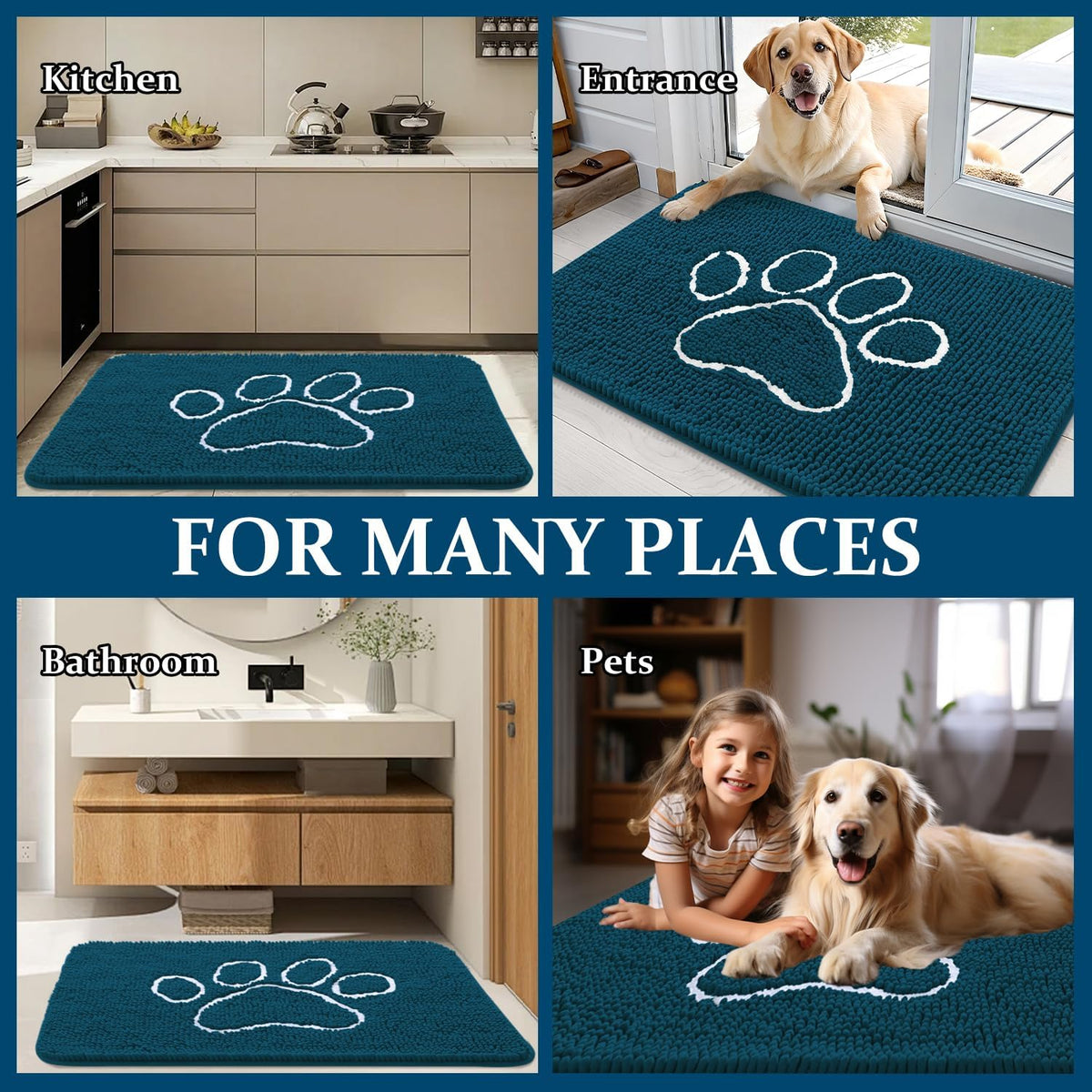 OLANLY Dog Door Mat - Absorbent Non-Slip Mud Mat for Muddy Paws | 47x32, Atlantic Blue, Quick Dry Chenille