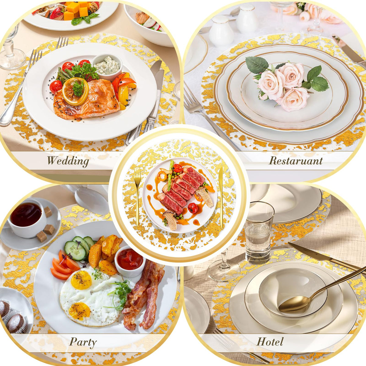 KesaPlan 100 PCS Disposable Gold Placemats Set, 13" Metallic Round Doilies for Tables, Gold Foil Mesh Pressed String Table Mats, Thin Mesh Decorative Doilies for Wedding, Holiday, Party, Christmas