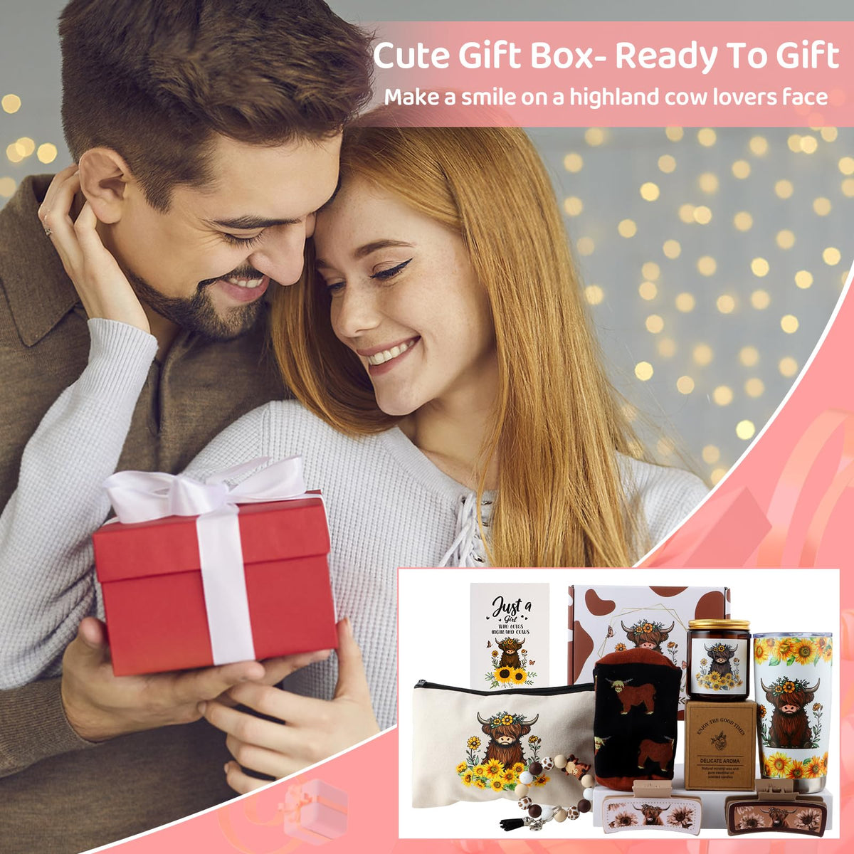 Bayelove Highland Cow Gifts for Women Highland Cattle Stuff Themed Gifts Include Tumbler Mug Makeup Bag Hair Claw Clips Keychain Socks Card for Highland Cow Lover Birthday Christmas